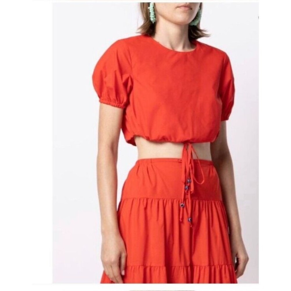 Staud Prato Recycled Nylon Short Puff Sleeve Crop Top Tomato Red Size Small